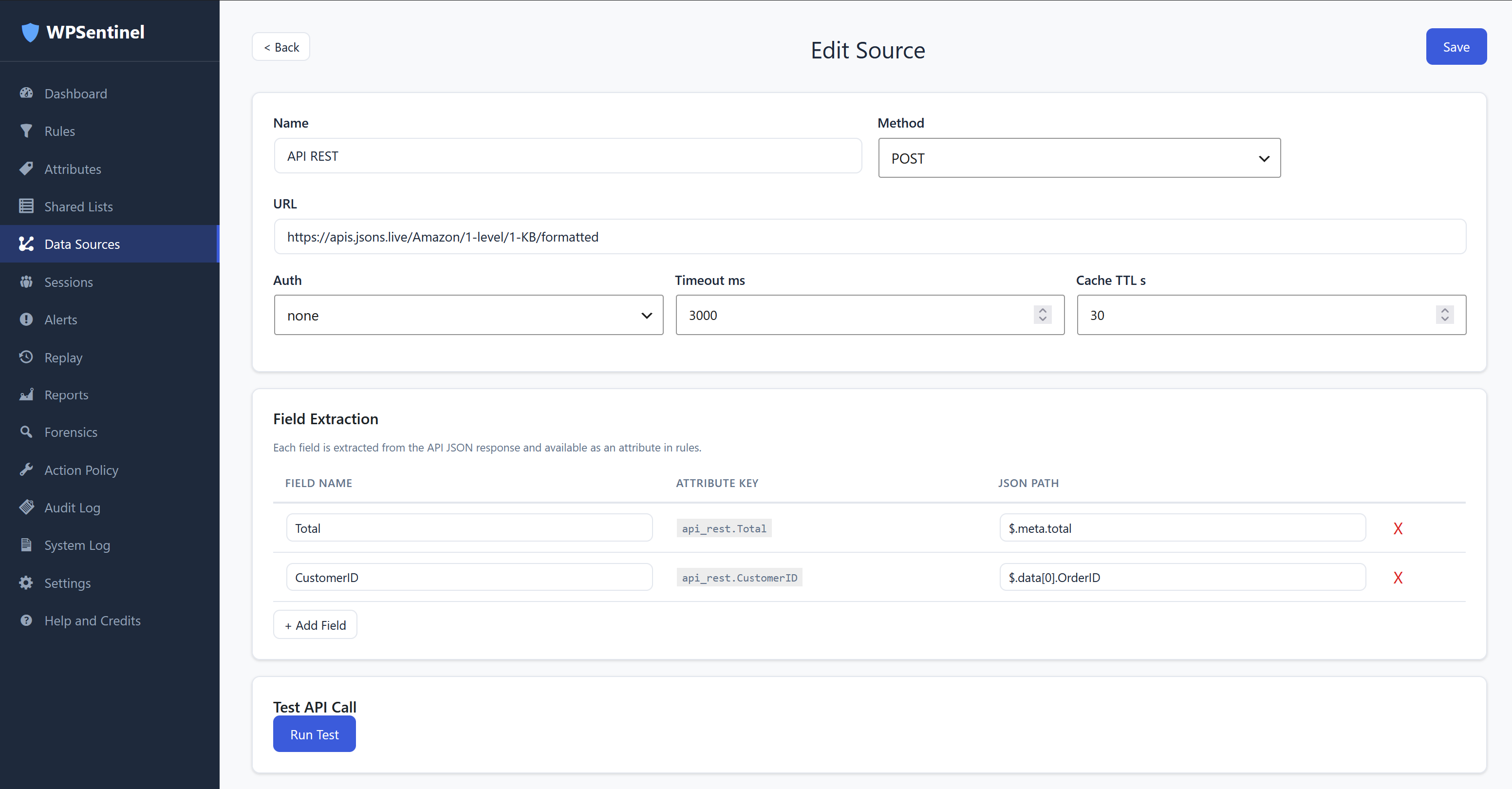 WPSentinel dynamic API attributes screenshot