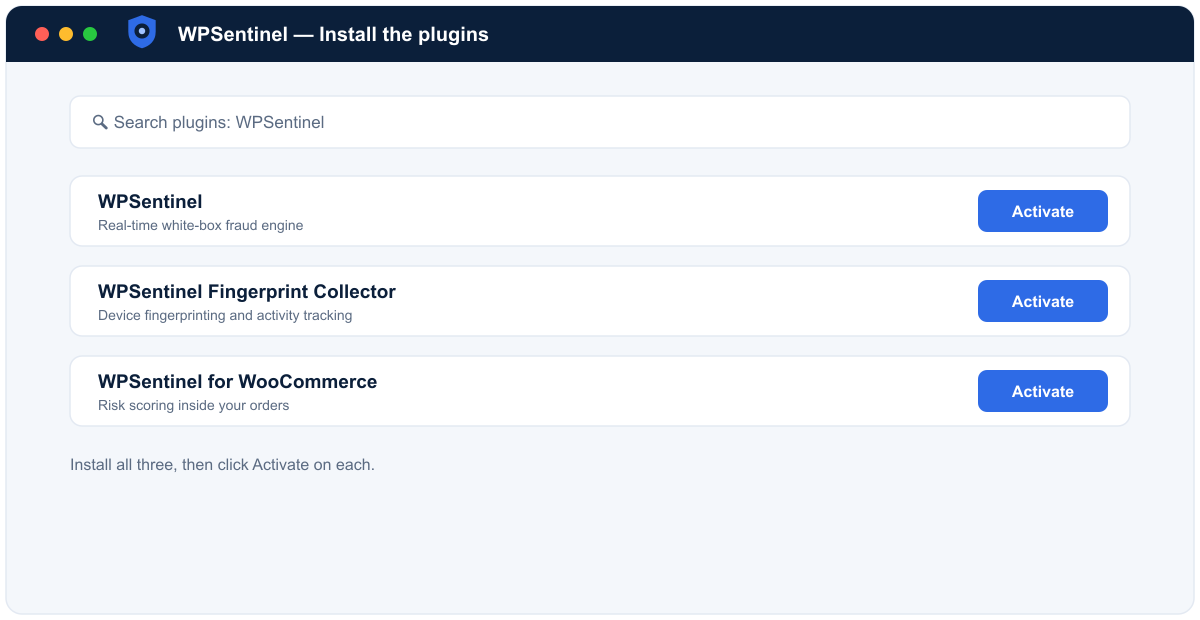 Install the WPSentinel plugins