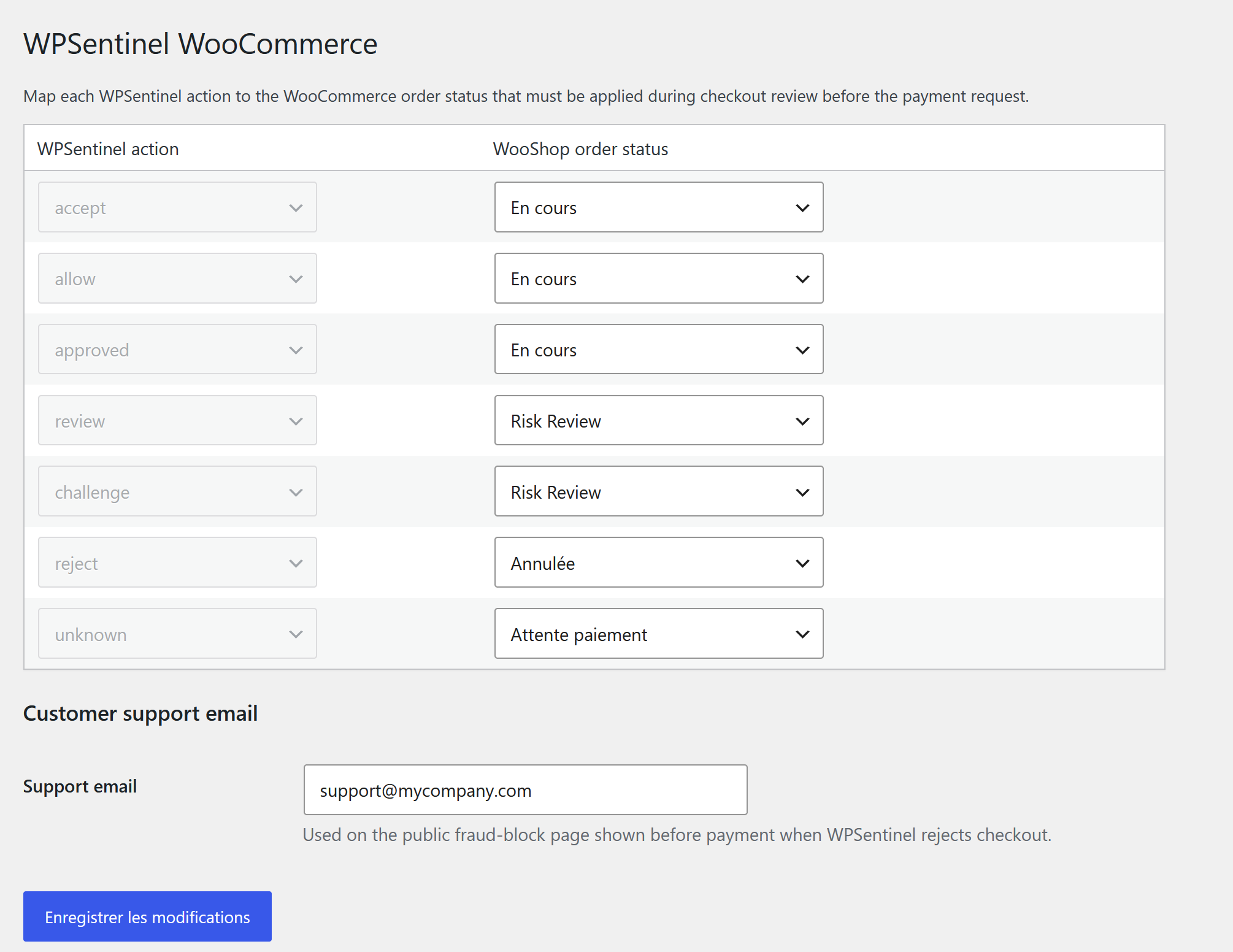 WPSentinel for WooCommerce action to order-status mapping